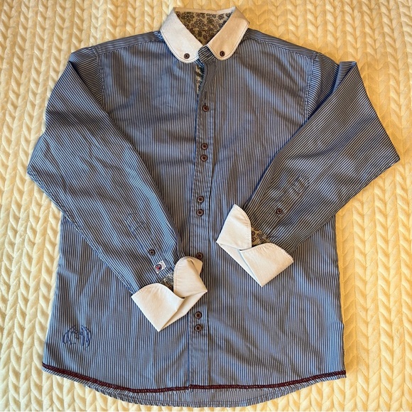 John Lennon Blue Striped Button-Up Men M Shirt White Collar Floral Embroidered - Picture 13 of 13